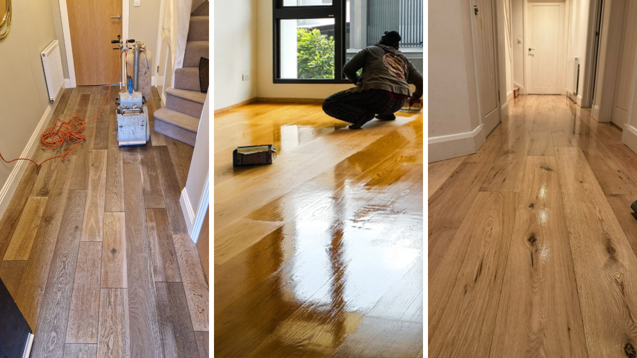 Three-stage collage of an engineered oak hallway floor in Woking—first dull and scuffed, then mid-sanding with lacquer being applied, and finally gleaming after professional Wood Floor Sanding in Woking.