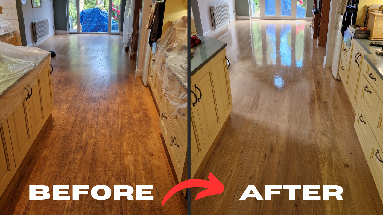 Before and after comparison of an oak kitchen floor showing the dramatic results of Wood Floor Sanding in Woking—faded, scratched boards transformed into a smooth, glossy solid-oak surface.