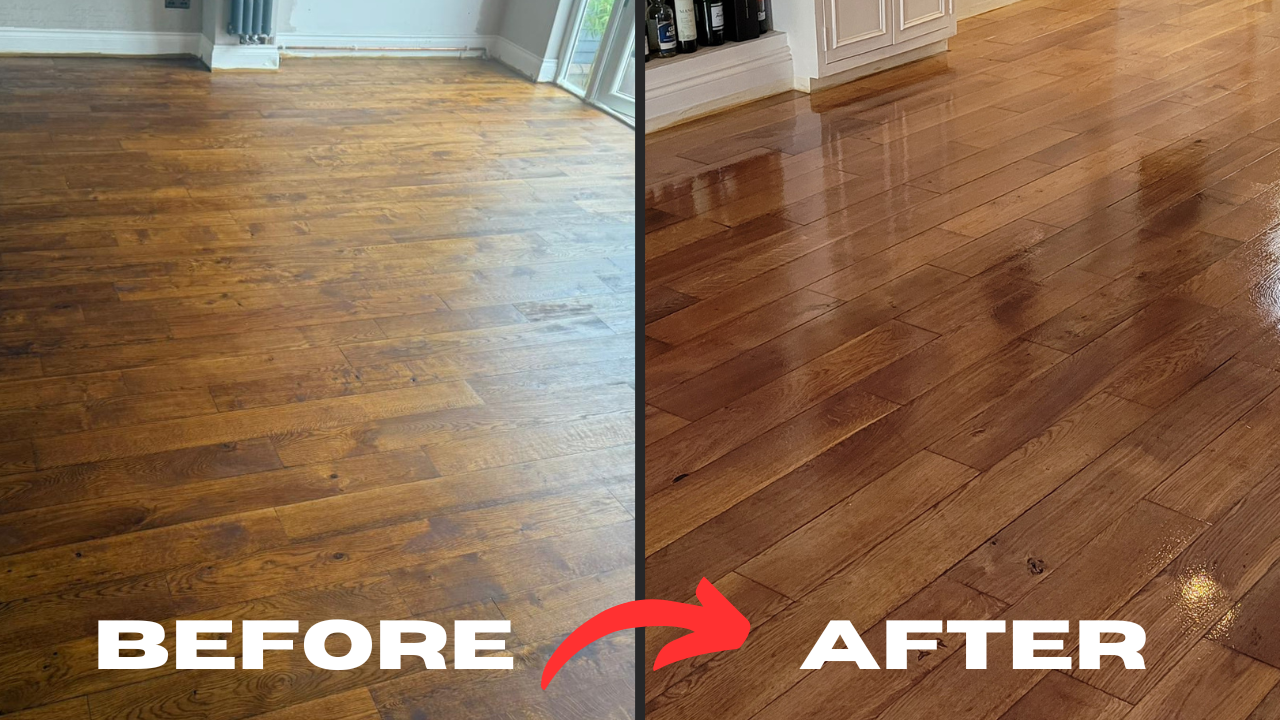 Furious Fixes before-and-after in Woking: engineered oak plank floor revived from dull, scuffed boards to richer colour with an even, wax-buffed satin sheen.