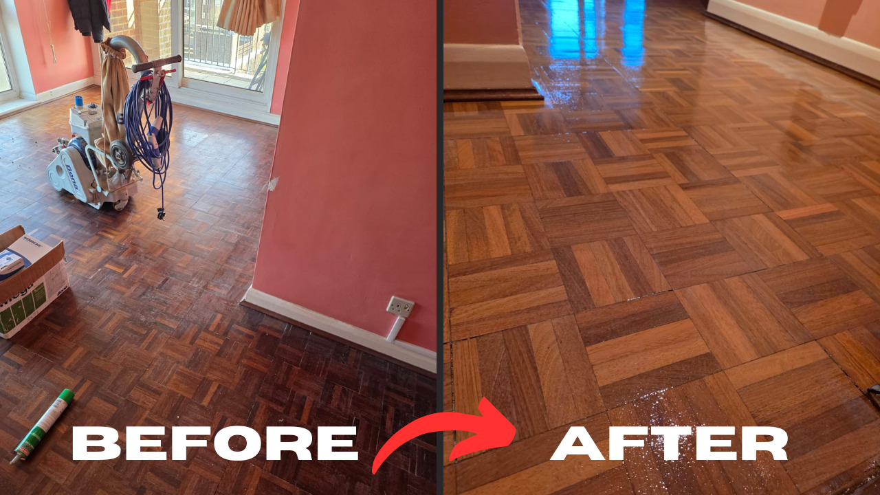 Wood Floor Sanding in Woking – before and after restoration of an oak mosaic parquet living room floor, showing the dull surface transformed to a rich, glossy finish.