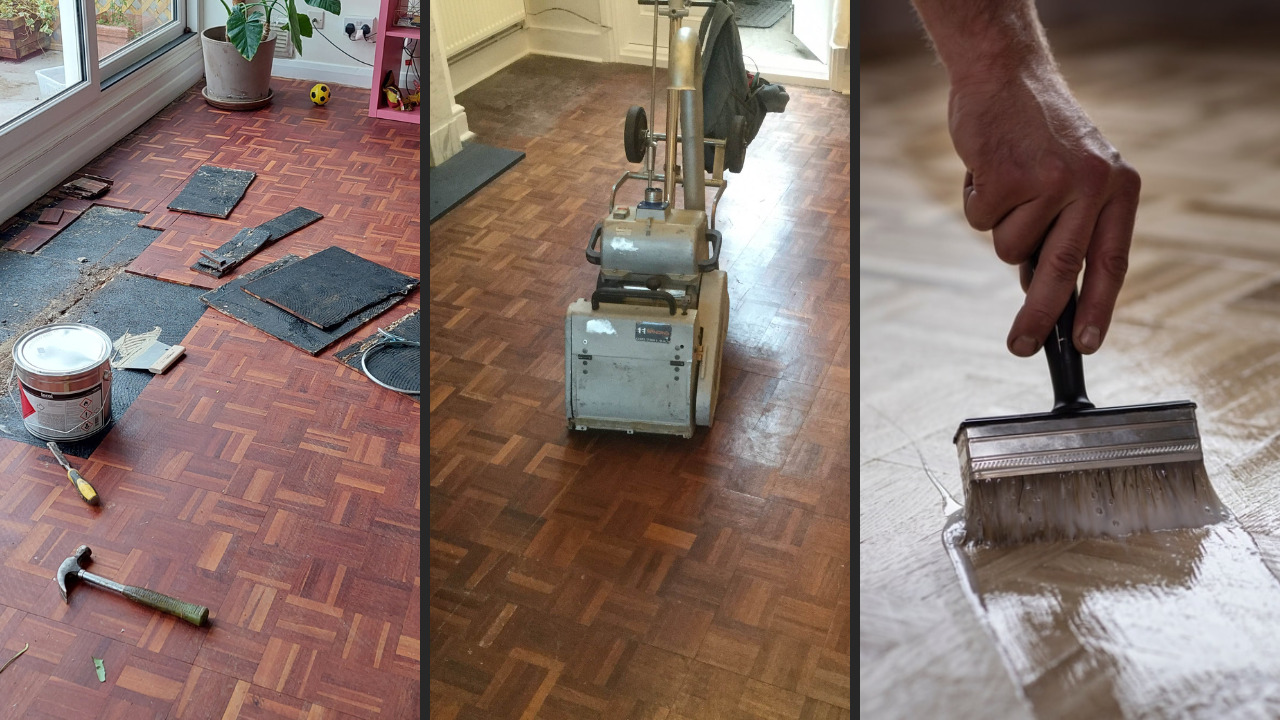 Wood Floor Sanding in Woking on an oak mosaic parquet floor, showing stages from parquet block repairs, to sanding with a professional machine, to sealing the restored wood surface.